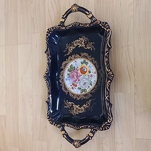 Cobalt Blue & Gold Floral Serving Platter Tray With Handles 13"×9"